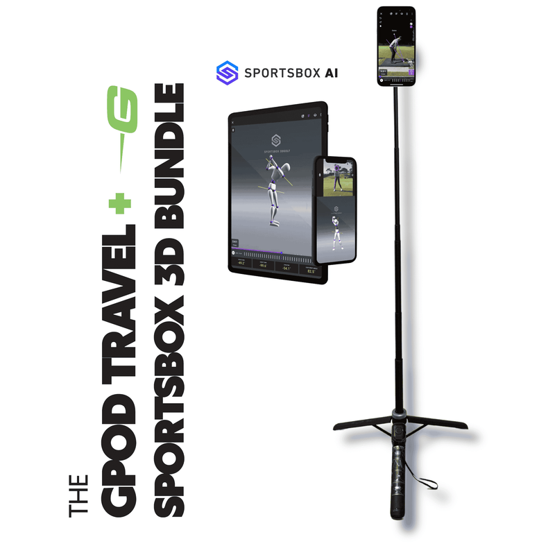Golf training device with tablet and smartphone displaying app on a white background