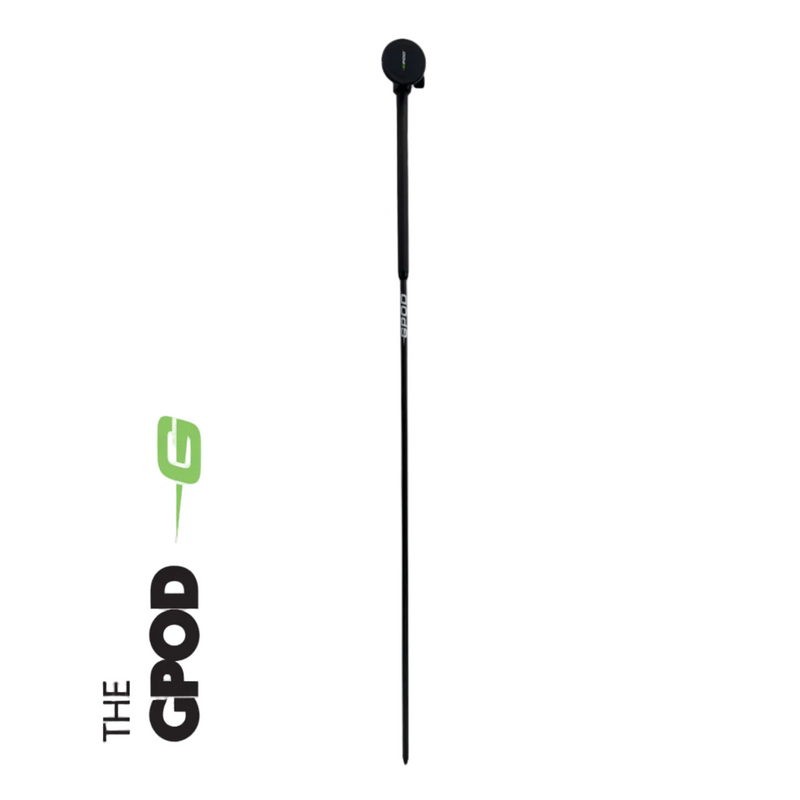 Black earbud with 'The GPod' branding on a white background