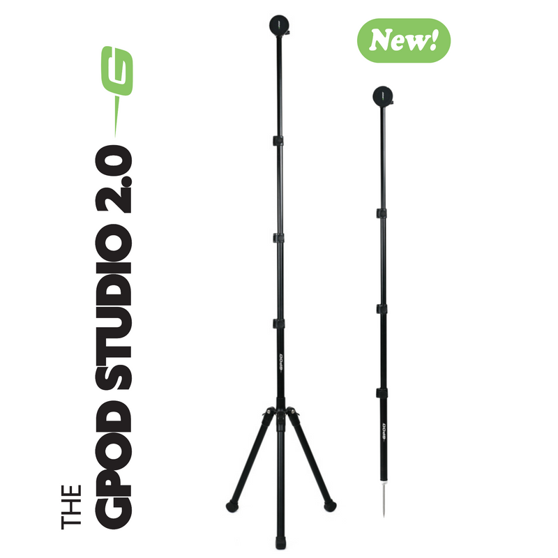 GPod Studio 2.0 microphone stand with 'New!' label on a white background